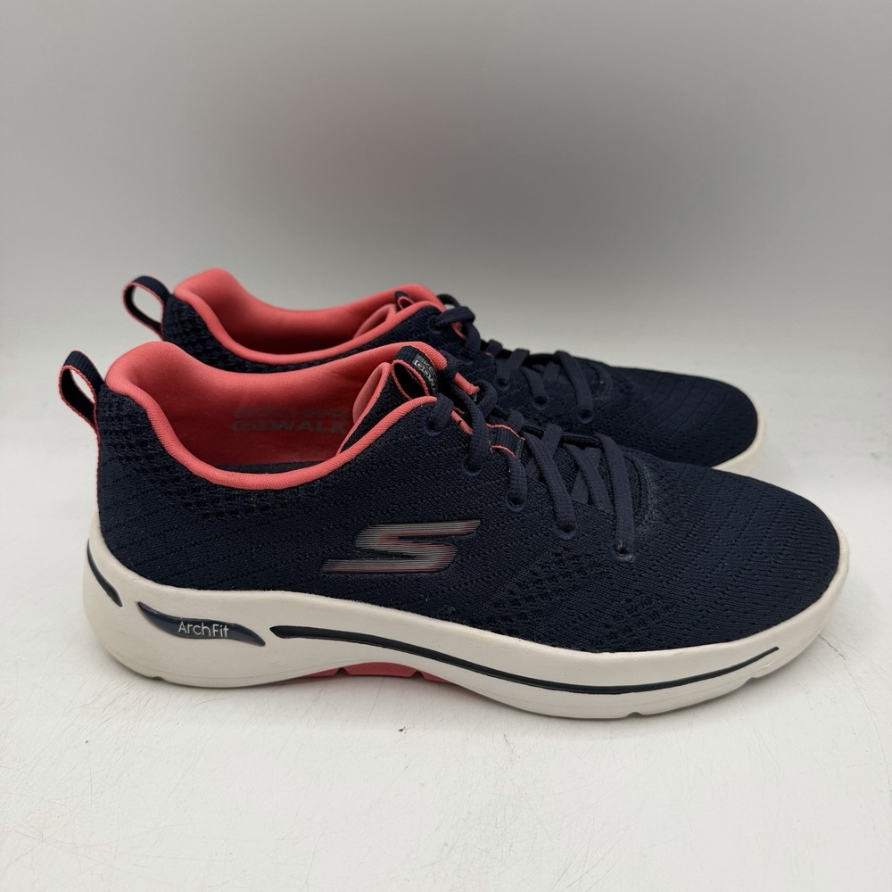 Skechers Go Walk Unify Shoes Womens 7.5 Navy Blue Coral Arch Fit Sneakers 124403